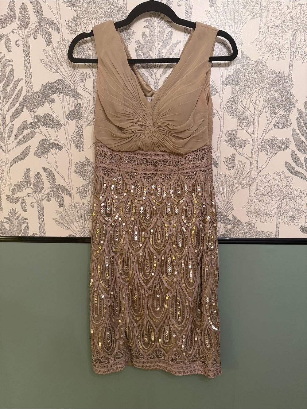 Sue Wong Taupe Beaded Cocktail Midi Dress